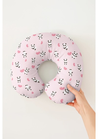 Panda Figürlü Pamuklu Boyun Yastığı - Sevimli Pembe Kalpli Yumuşak Seyahat Yastığı Tozlu Yosunlu Bordo