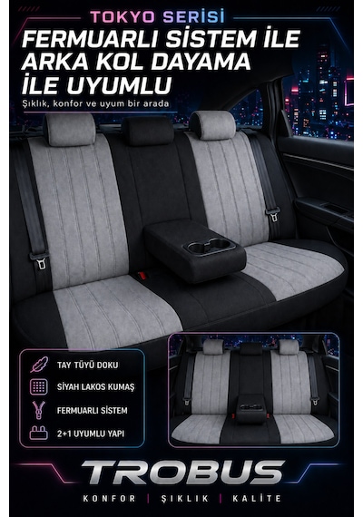 Fiat Albea 2002-2012 Bel Destekli Tay Tüyü Koltuk Kılıfı Tokyo Serisi Gri Siyah