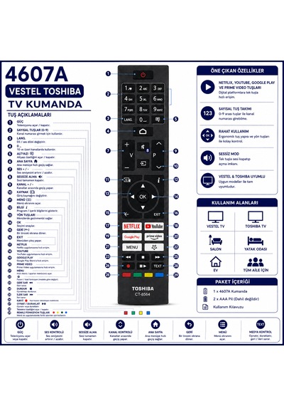 4607a Vestel Toshiba Uyumlu Smart Tv Kumandası Netflix Youtube Prime Video Google Play