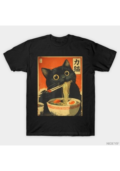 Flood Of Style Kawaii Kedi Ramen Yiyen Sevimli Japon Anime Yemek Tişörtü Erkekler Ve Kadınlar İçin %100 Pamu Çok Renkli