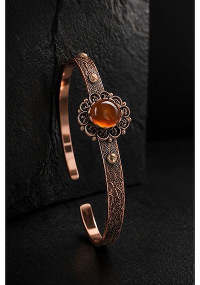 Kadın Bakır Bileklik Yüzük Set Doğal Turuncu Taşlı Otantik Model Set Diğer