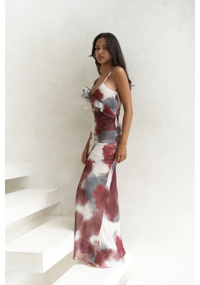 Mai Collection Mai Studios Co. Purtyas Fırfır Detaylı Bordo Uzun Elbise Bordo