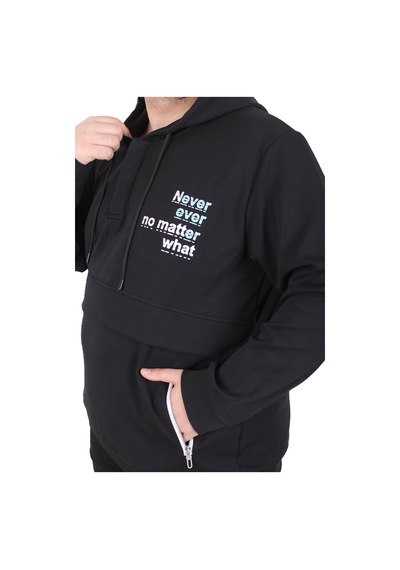 Moc Grande Mocgrande Büyük Beden Kapüşonlu Sweat Double Face Never 25706 Sıyah Siyah