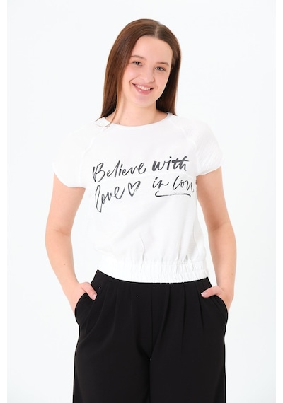 Sortie Collection Reglan Kollu Yazı Baskılı Beli Lastikli Bluz Ekru