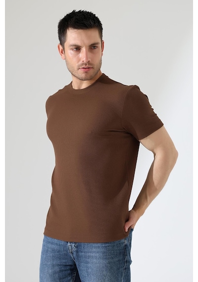 Erkek Fitilli Slim Fit Bisiklet Yaka Düz Renk T-shirt Kahverengi