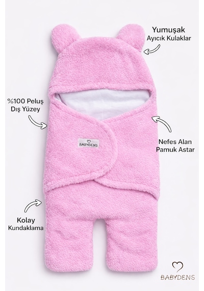 Babyden's 0-12 Ay Welsoft Peluş Bebek Dış Kundak Uyku Tulumu Ayıcık Kulaklı İçi %100 Pamuk Astarlı Battaniye Pembe