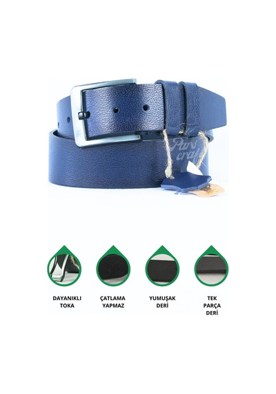 Parscraft Dayanıklı Hakiki Deri Kemer 4,5 Cm Geniş Lacivert Erkek Kot Pantolon Kemeri