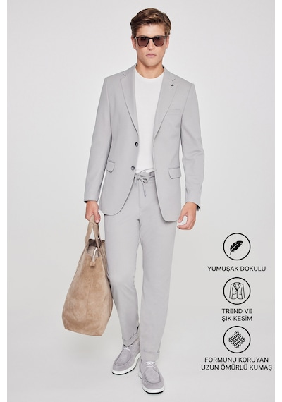 AC&Co / Altınyıldız Classics  Erkek Grı Slim Fit Dar Kesim Mono Yaka Beli Bağlamalı Kapak Cepli Esnek Takım Elbise Gri