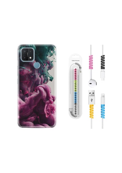 Oppo A15S Kılıf Kablo Koruyuculu Pink Green Cloud 1306