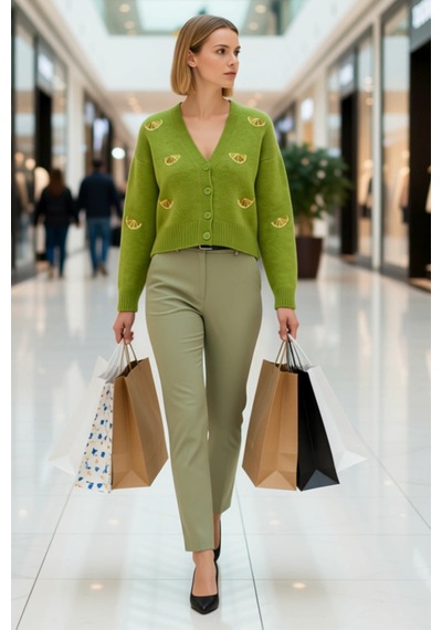 Benerly Kadın Oversize Crop V Yaka Düşük Kol Nakışlı Triko Hırka Portakal Yeşil