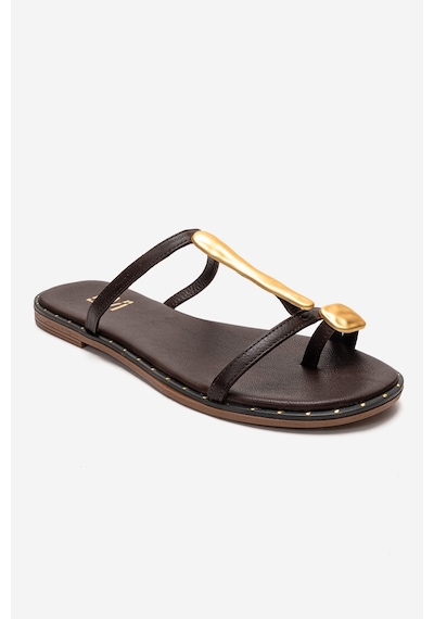 Luvishoes Tessa Kahverengi Hakiki Deri Gold Tokalı Kadın Parmak Arası Terlik