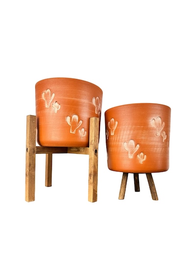 Bitki Tasarımı Ev Dekorasyon Aksesuar Kaktüs Desenli Toprak Saksı Saksılık Salon Çiçeklik İkili Set 3 Ayaklı- 4 Ayaklı- 19 Cm