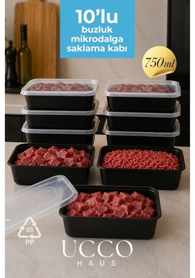 750 Ml Kapaklı Buzluk Mikrodalga Saklama Kabı - 10 Adet- Et, Kıyma, Yemek, Salata Buzdolabı Organizeri Siyah