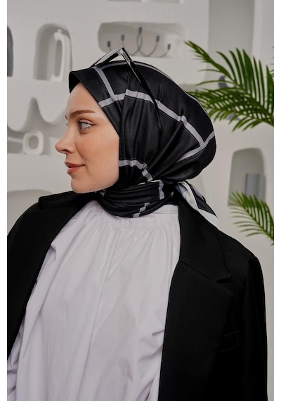 Afvente Geometrik Desen Siyah Soft Pamuk Eşarp