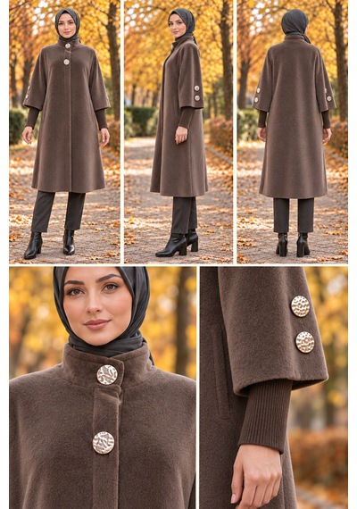 Gold Düğmeli Uzun Kaban-kahverengi-5993 Kahve
