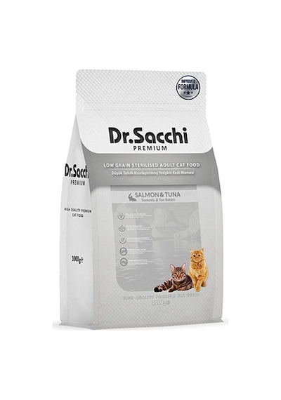 Dr. Sacchi Premium Somonlu ve Ton Balıklı Düşük Tahıllı Kısırlaştırılmış Kedi Maması 1 KG