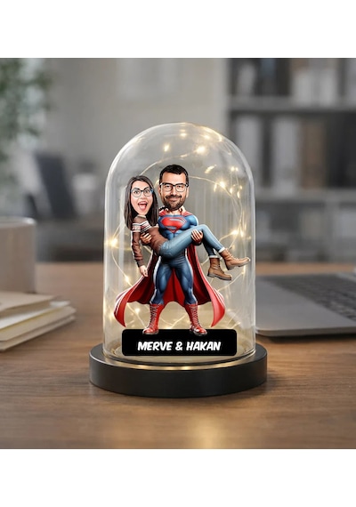 Bk Gift Kişiye Özel Süpermen Çift Tasarımlı Karikatür Led Işıklı Cam Fanus Biblo -1, Romantik Hediye, Ev Hediyesi, Sevgiliye Hediye Kobitmeyencom36855