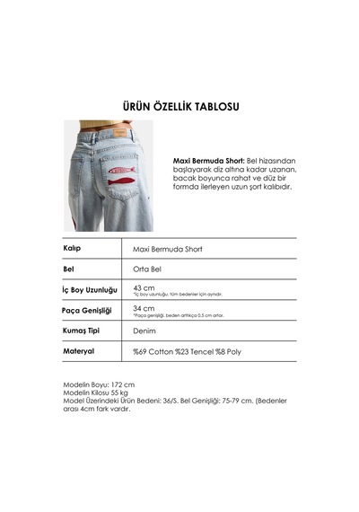 Itsbasic Kadın Kot Rengi 4s6-32 Palazzo Nakış Tasarım Bermuda Denim Jort