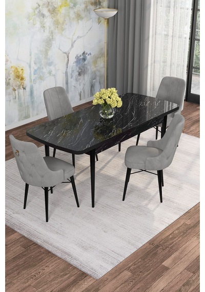 Mona Siyah Mermer 80x132 Açılabilir Mdf Masa Yemek Odası Takımı, Mutfak Takımı 4 Adet Sandalye Siyah Mermer - 4 Gri - Siyah Ayak Mona Siyah Mermer 80x132 Açılabilir Mdf Masa Yemek Odası Takımı, Mutfak Takımı 4 Adet Sandalye Siyah Mermer - 4 Gri - Siyah Ayak