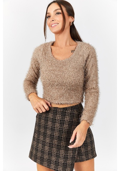 Armonika Kadın Bej Pullu Sakallı Crop Kazak Arm-22y001179