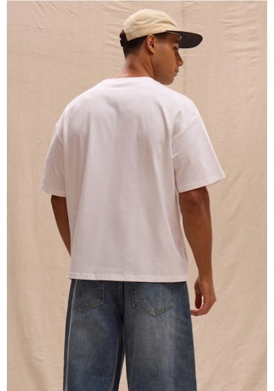 Erkek %100 Organik Pamuklu Kalın Dokulu Comfort Fit Bisiklet Yakalı T-shirt Beyaz