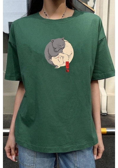 Unisex Kedi Baskılı T-shirt Yeşil