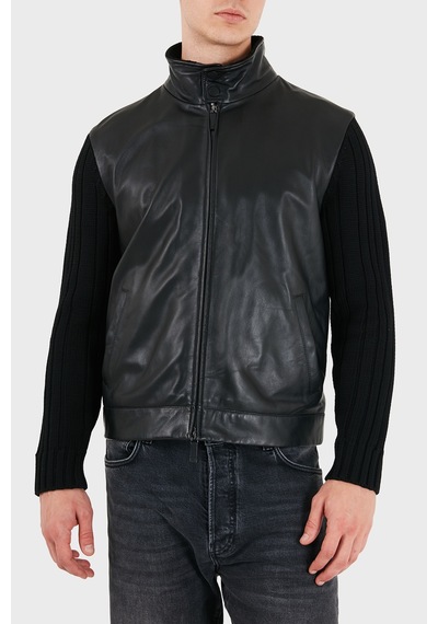Emporio Armani Deri Dik Yaka Fermuarlı Ceket Erkek Ceket Em007276 Af29262 Uc001 Siyah