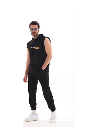 Unisex Kapşonlu Kolsuz Oversize Baskılı Tişört - Siyah 001