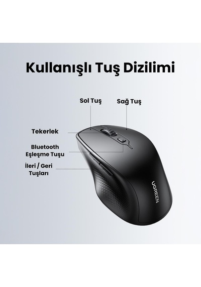 Ugreen 90395 Kablosuz Bluetooth Ergonomik Sessiz Çift Modlu Optik Mouse