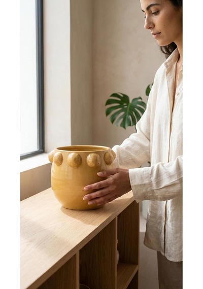 Tr Warm Design El Yapımı Sarı Noktalı Kabartmalı Terracotta Saksı Modern Salon Ofis Balkon Dekoru Sarı Genel