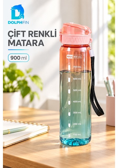 Çift Renkli Matara 900 Ml Askılı Kapaklı Su Şişesi Suluk Cok Renkli