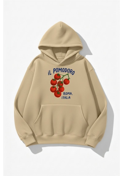 Uyguntarz Unisex Yumuşak Dokulu İl Pomodoro Roma Italia Baskılı Tasarım Oversize 3 İplik Hoodie Sweatshirt Bej