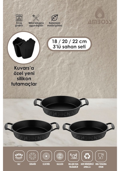 Kuvars 3 Parça Döküm Titanyum Kaplama Yanmaz Yapışmaz Sahan Omlet Seti Siyah