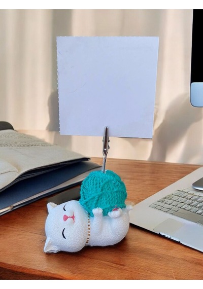 Turkuaz Yumaklı Yatan Kawaii Kedi Temalı Not Tutacağı Fotoğraf Tutacak Tutucu Ofis Hediyelik Turkuaz