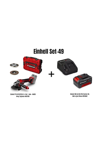 Einhell Set-49 Einhell TP-AG 18/125 CE + 3 Set Solo Akülü Avuç Taşlama 4431195 + Einhell 18V 4AH Pxc Starter Kit Akü & Şarj Cihazı