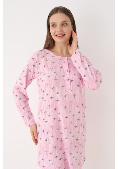 Yasar Underwear Kadın %100 Pamuk Desenli Uzun Kollu Yarım Pat Düğmeli Rahat Kesim Gecelik Pembe Pembe