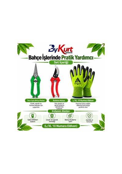 Bahçe Bakım Seti Üçlü Budama Makası Hasat Makası Eldiven 3 Parça - L/xl / Yeşil