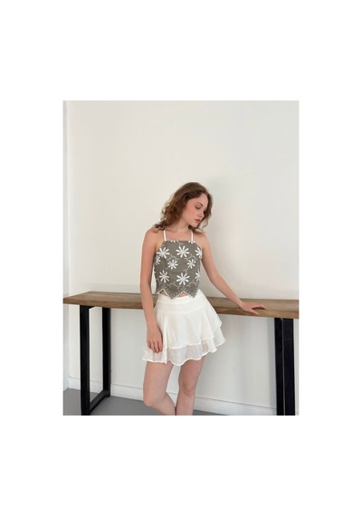 Verymoda Çiçek Motifli Askılı Bluz D3122 Haki