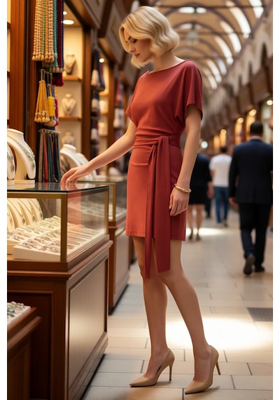 Benerly Kadın Kısa Kollu Asimetrik Yaka Bağlamalı Bodycon Mini Elbise Vis Kiremit