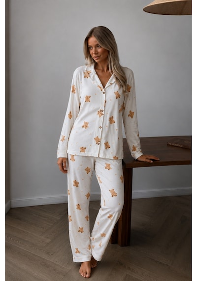 Fit Women Kadın Düğmeli Uzun Uyku Ve Beyaz Pijama Takımı