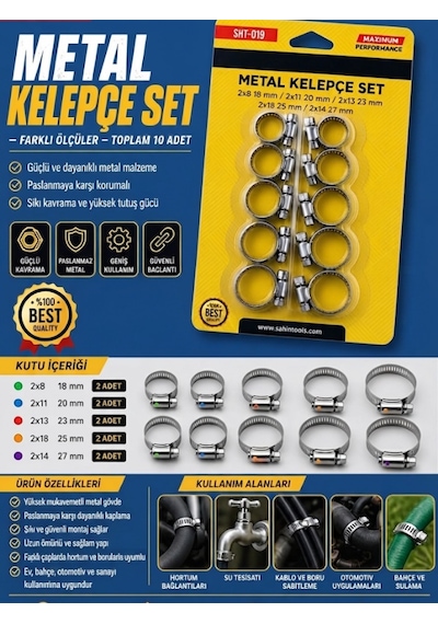 Mucit Home Metal Kelepçe Seti 10 Adet Hortum Boru Sıkma Kelepçesi 18-20-23-25-27 Mm 0 - 10 CM