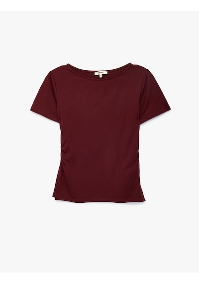 Koton Viskon Slim Fit Büzgülü Bisiklet Yaka Kısa Kollu Tişört Bordo 7wak50052ek