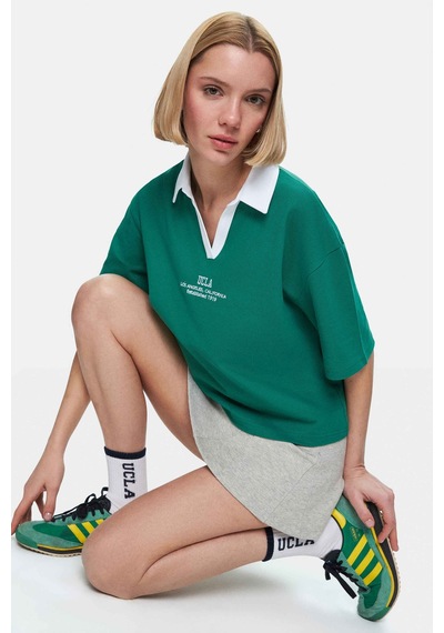 Polly Yeşil Polo Yaka Nakışlı Loose Fit Kadın Tshirt Yeşil