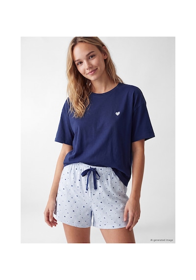 Lcw Dream Mavi Bisiklet Yaka Nakışlı Kadın Şortlu Pijama Takımı