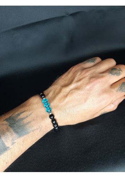 Mryart Doğal Görünümlü Siyah & Mavi Cam Boncuklu El Yapımı Bileklik - Unisex Siyah - Mavi