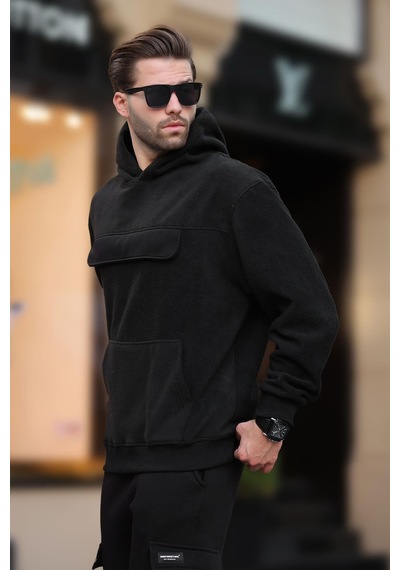 Madmext Siyah Kapüşonlu Kapaklı Cep Detaylı Polar Erkek Sweatshirt 7097 Siyah