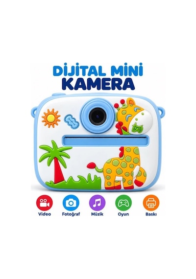 BLUE-3 Anında Baskılı Çocuk Fotoğraf Makinesi ,5 Fonksiyonlu, Video Özellikli Zürafa Desenli Kamera-1801