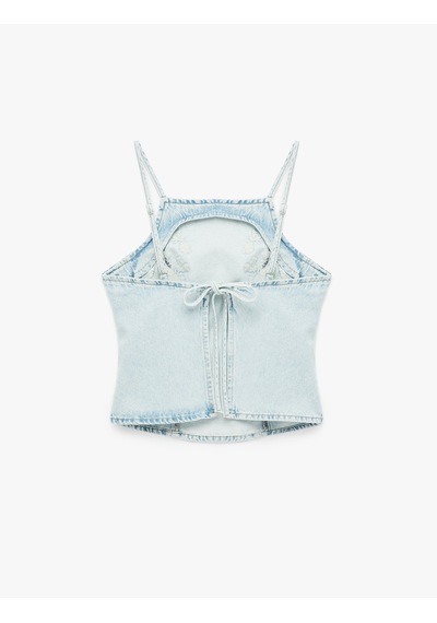 Koton Kare Yaka Nakışlı Sırt Detaylı Kolsuz Denim Bluz Açık İndigo 6sal30023md