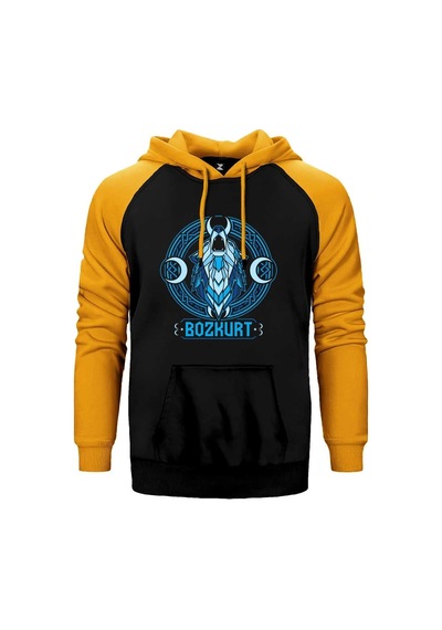 Neon Mavi Hilal Detaylı Bozkurt Baskılı Gri Renk Reglan Kol Sweatshirt / Hoodie