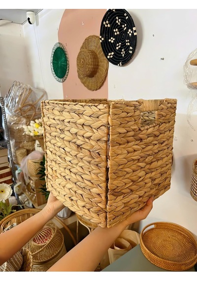 Su Sümbülü Hasır Bambu Rattan Katlanır Sepet Organizer & Çok Amaçlı Kare Düzenleyici 30x30x30